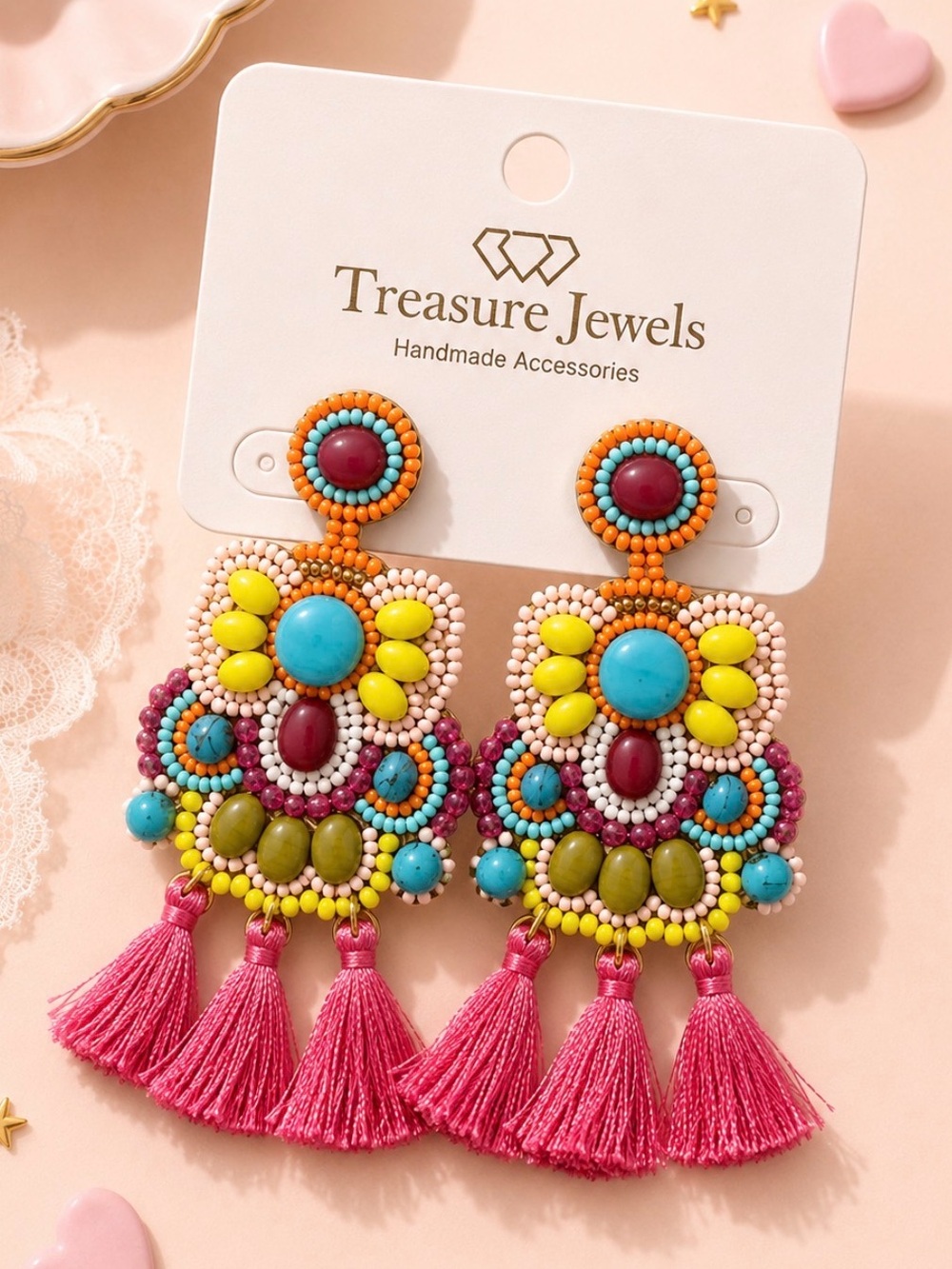 🐣NWT Treasured Jewels Colorful Beaded Tassel Earrings